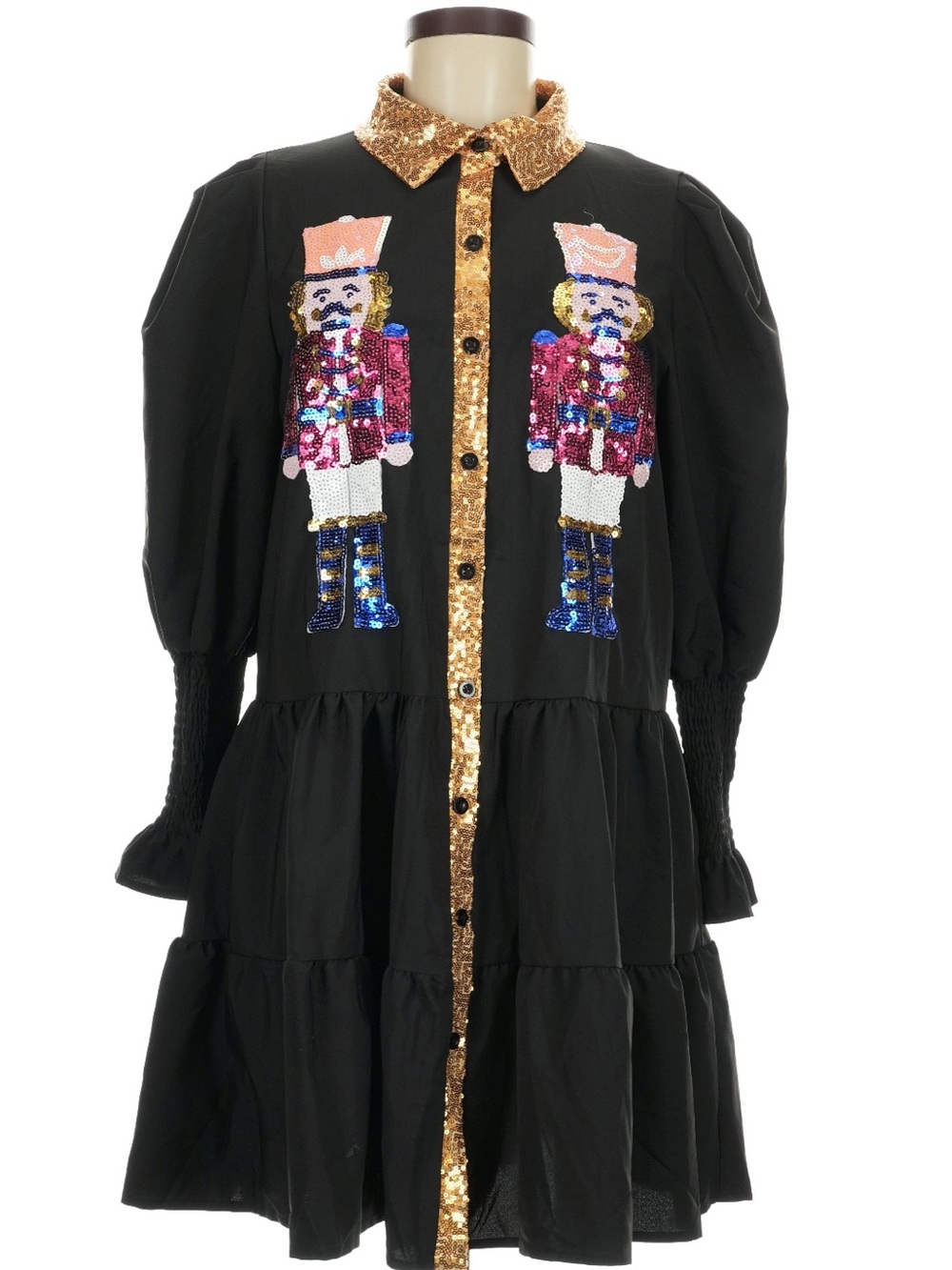 Black Gold Sequin Nutcracker Christmas Tiered Shirt Dress Holiday Party